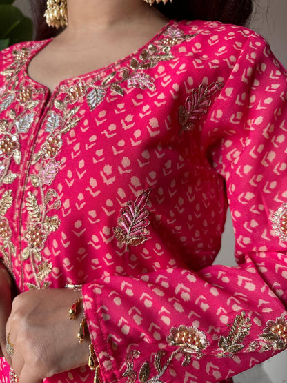 Designer Printed Chinon Kurti Sharara Set with Embroidered Dupatta