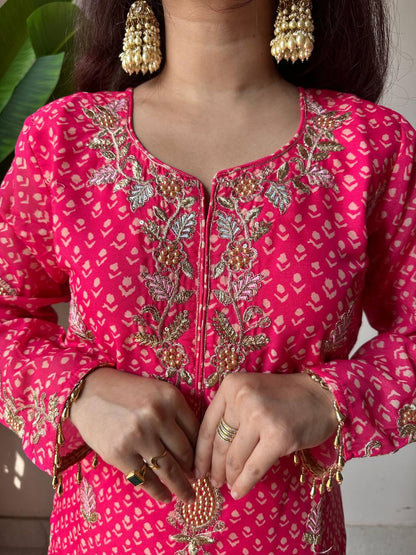 Designer Printed Chinon Kurti Sharara Set with Embroidered Dupatta