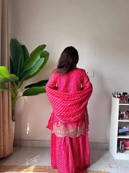 Designer Printed Chinon Kurti Sharara Set with Embroidered Dupatta