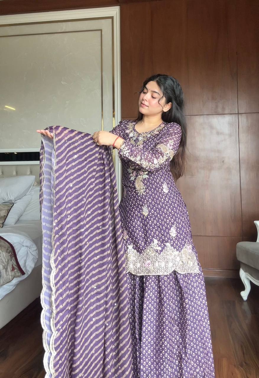 Designer Printed Chinon Kurti Sharara Set with Embroidered Dupatta