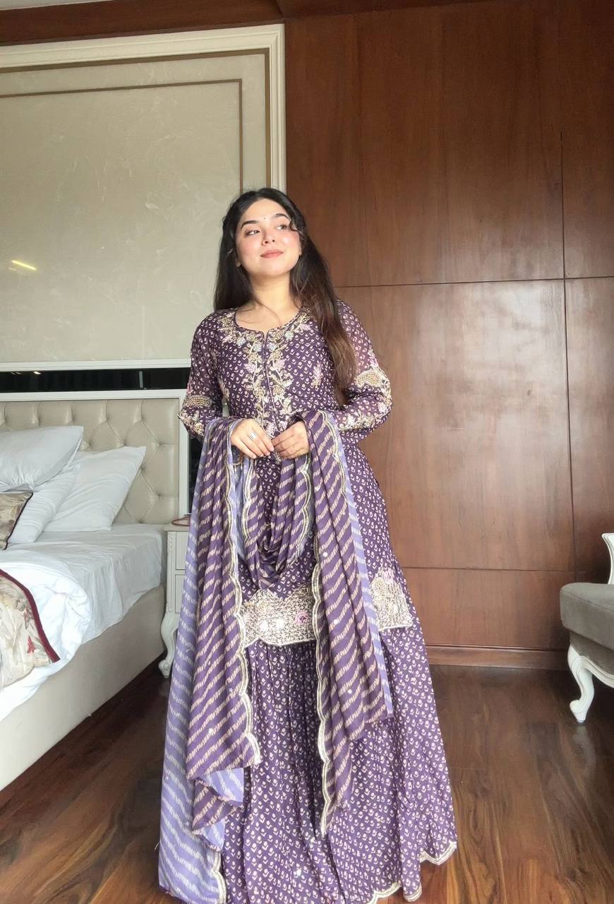 Designer Printed Chinon Kurti Sharara Set with Embroidered Dupatta