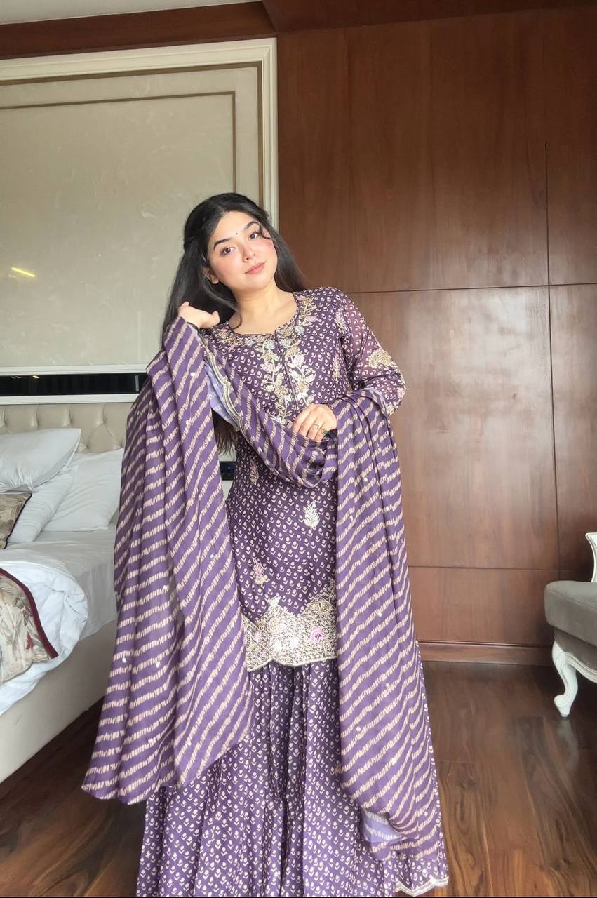 Designer Printed Chinon Kurti Sharara Set with Embroidered Dupatta