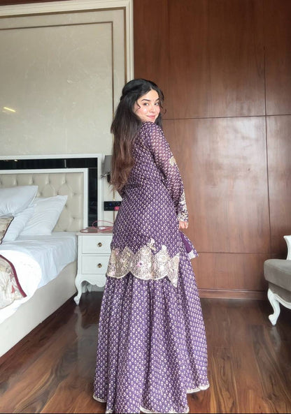 Designer Printed Chinon Kurti Sharara Set with Embroidered Dupatta