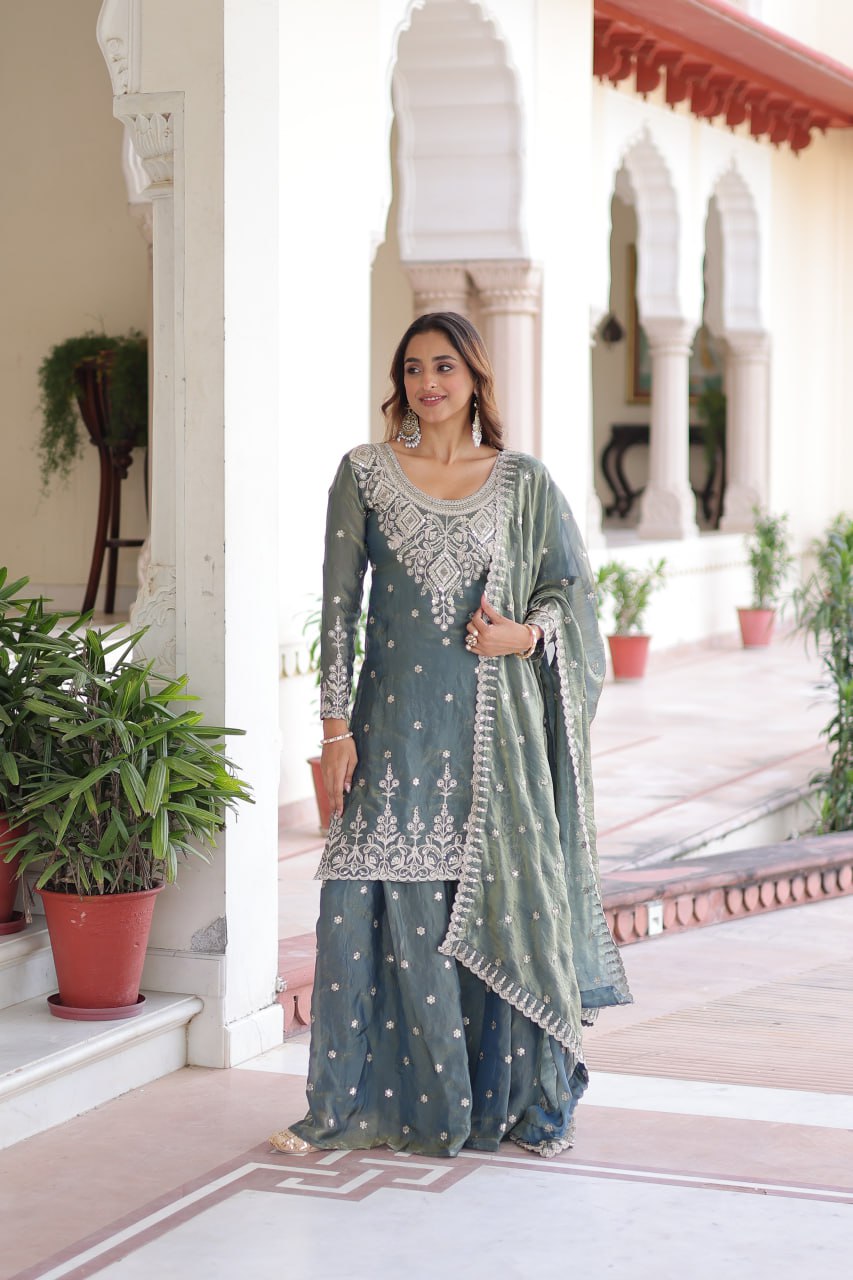 Fendi Silk Sequins Embroidered Kurti Sharara Set with Dupatta