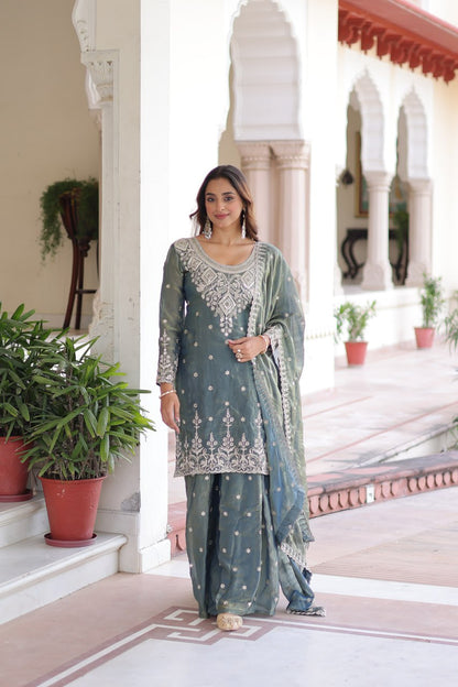 Fendi Silk Sequins Embroidered Kurti Sharara Set with Dupatta