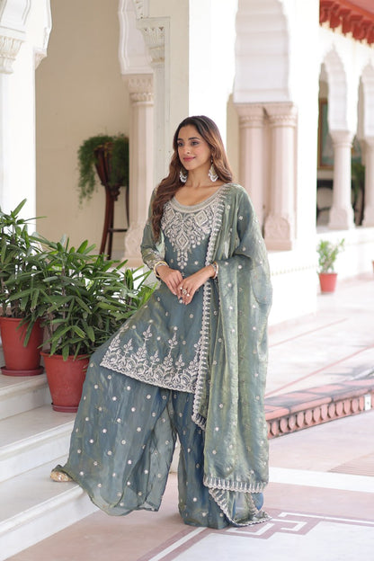 Fendi Silk Sequins Embroidered Kurti Sharara Set with Dupatta