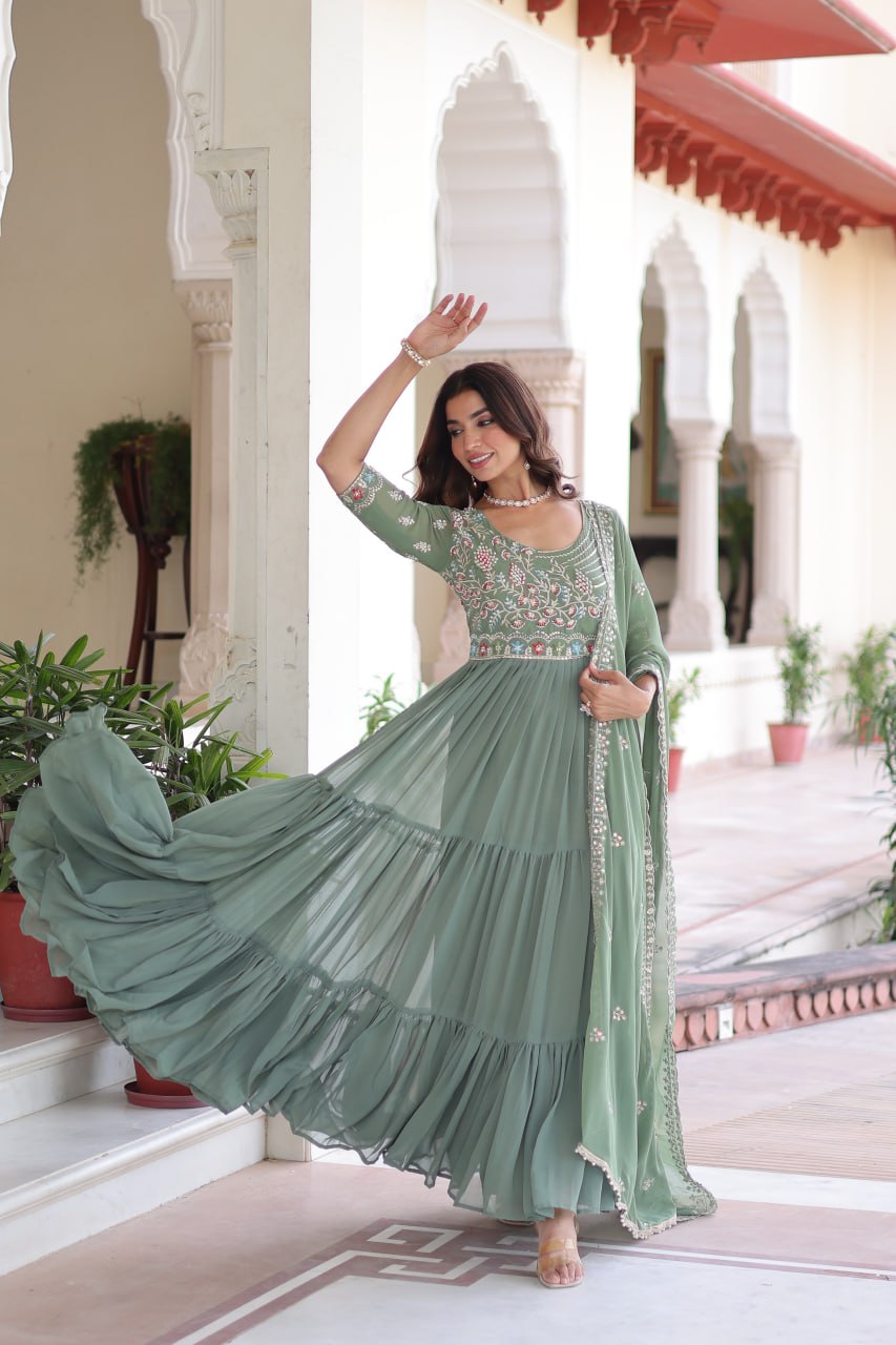 Faux Blooming Sequins & Beads Embroidered Gown with Dupatta