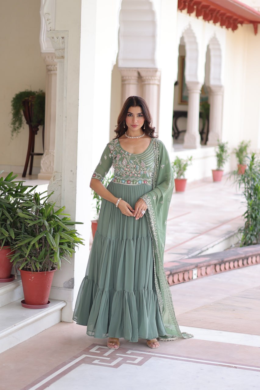 Faux Blooming Sequins & Beads Embroidered Gown with Dupatta