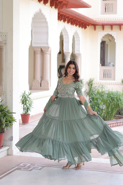 Faux Blooming Sequins & Beads Embroidered Gown with Dupatta