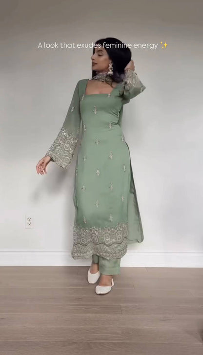 Faux Georgette Embroidered Kurti Set with Dupatta & Pant