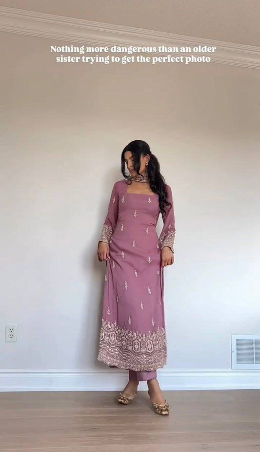 Faux Georgette Embroidered Kurti Set with Dupatta & Pant