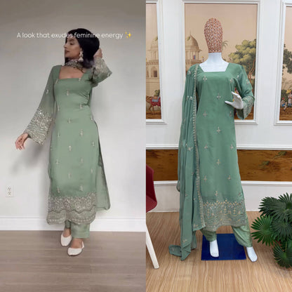 Faux Georgette Embroidered Kurti Set with Dupatta & Pant