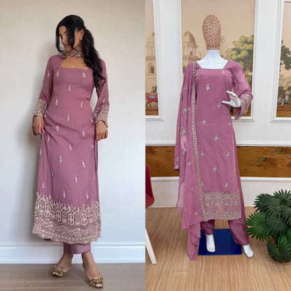 Faux Georgette Embroidered Kurti Set with Dupatta & Pant