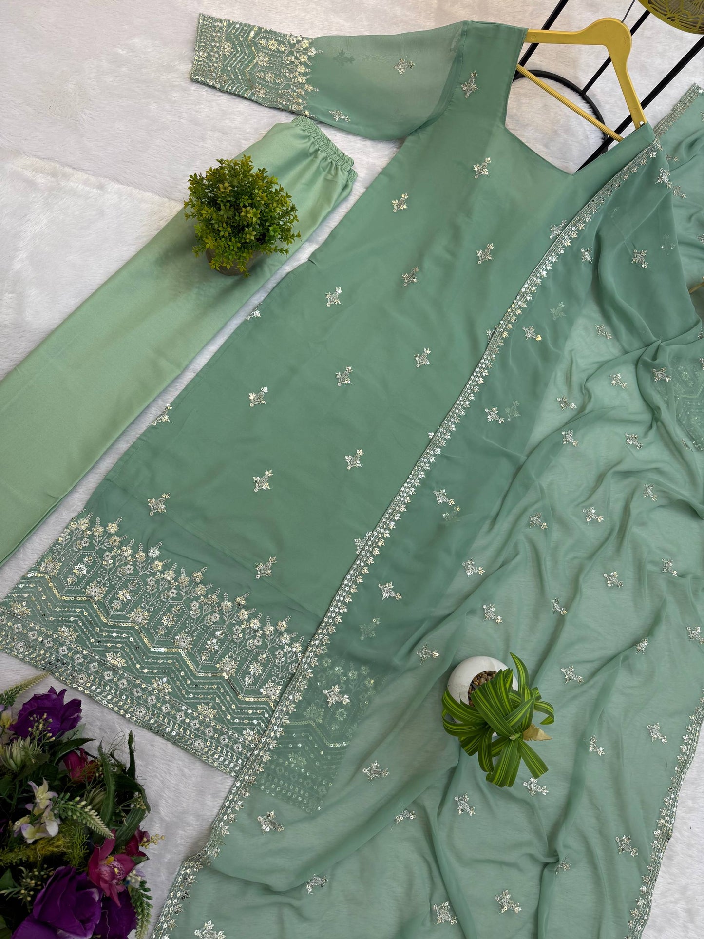 Faux Georgette Embroidered Kurti Set with Dupatta & Pant