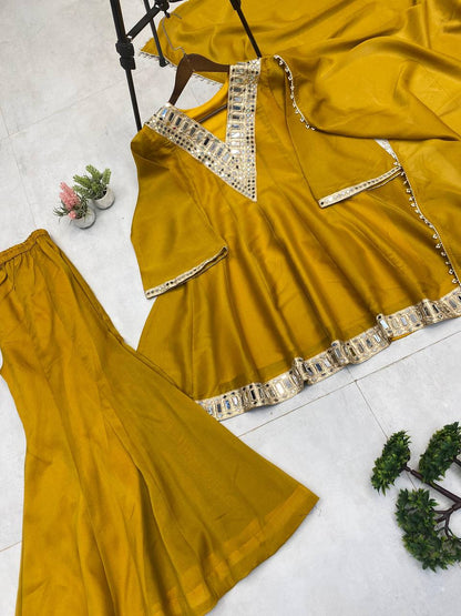 Embroidered Simmer Silk 3-Piece Set with Mirror Work & Fancy Dupatta