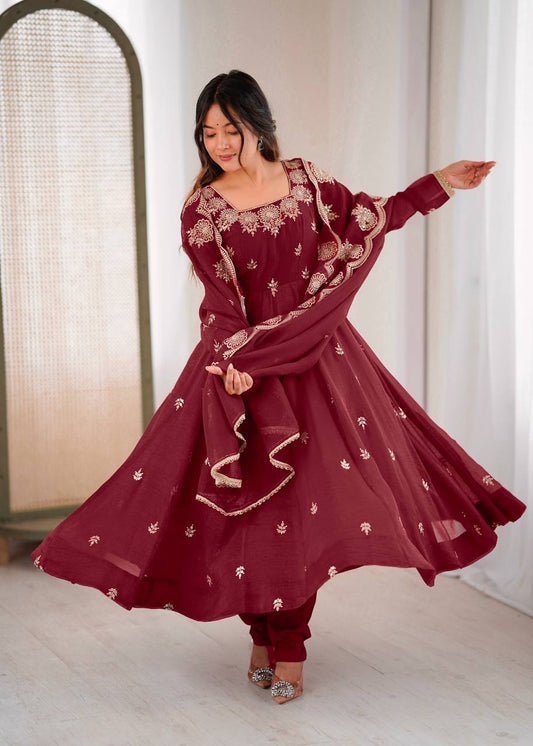 Crunchy Silk Embroidered Gown Set