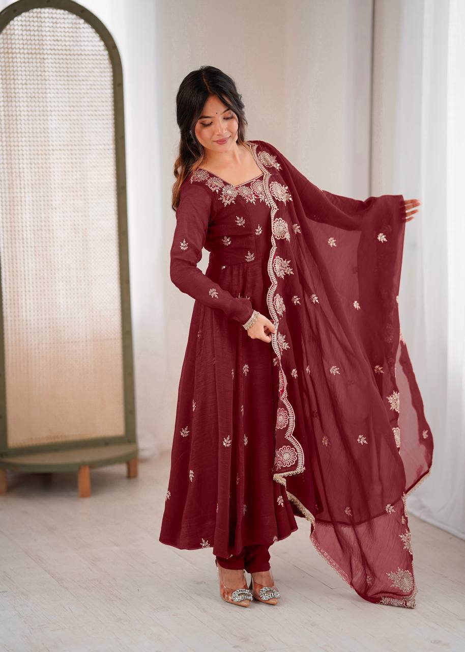 Crunchy Silk Embroidered Gown Set