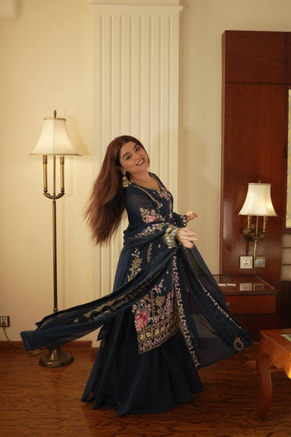 Elegant Fox Georgette Kurti Circular Plazzo Set with Embroidered Dupatta