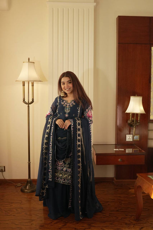 Elegant Fox Georgette Kurti Circular Plazzo Set with Embroidered Dupatta