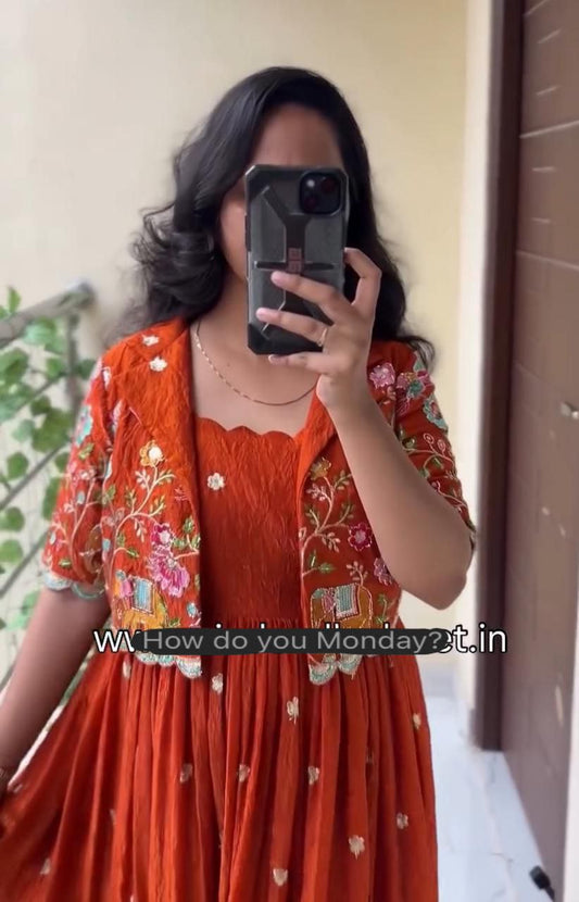 Faux Georgette Embroidered Gown & Pant Set