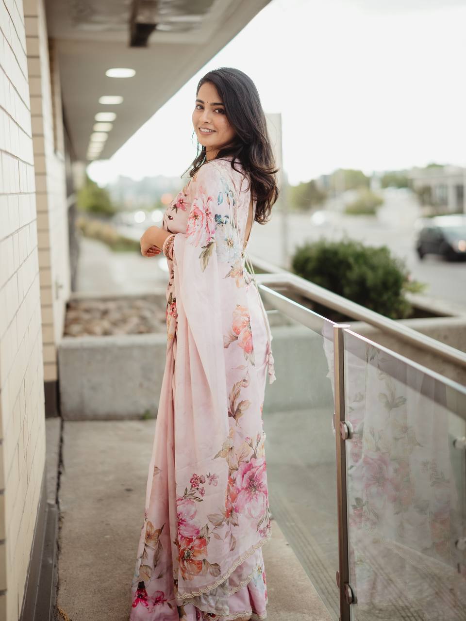 Soft Tebby Silk Floral Print Saree with Beads & Katdana Handwork Blouse