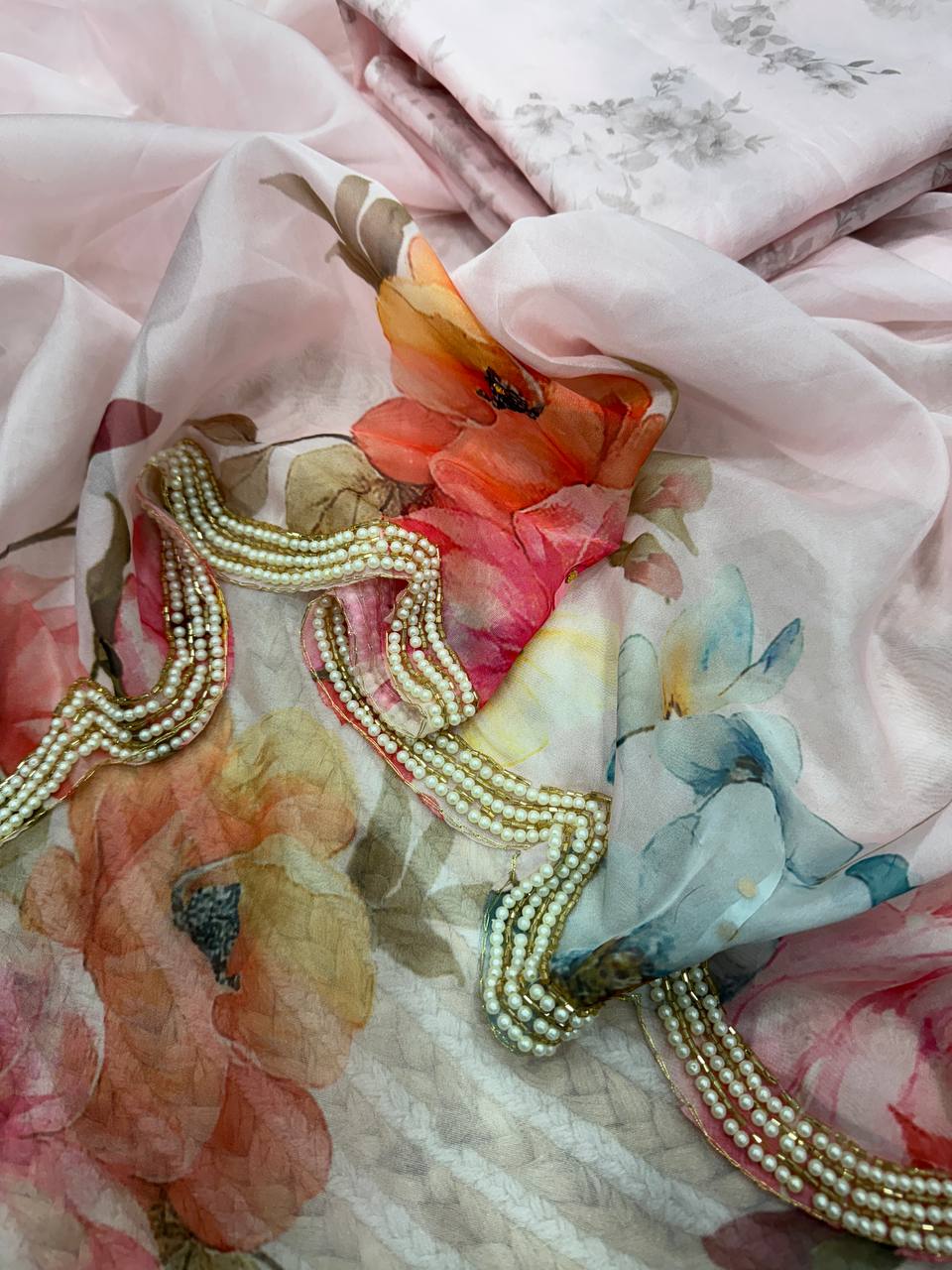 Soft Tebby Silk Floral Print Saree with Beads & Katdana Handwork Blouse