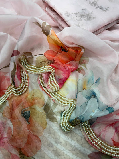 Soft Tebby Silk Floral Print Saree with Beads & Katdana Handwork Blouse