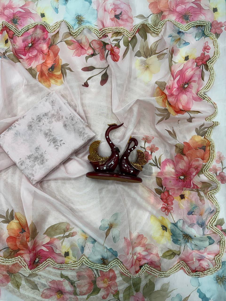 Soft Tebby Silk Floral Print Saree with Beads & Katdana Handwork Blouse