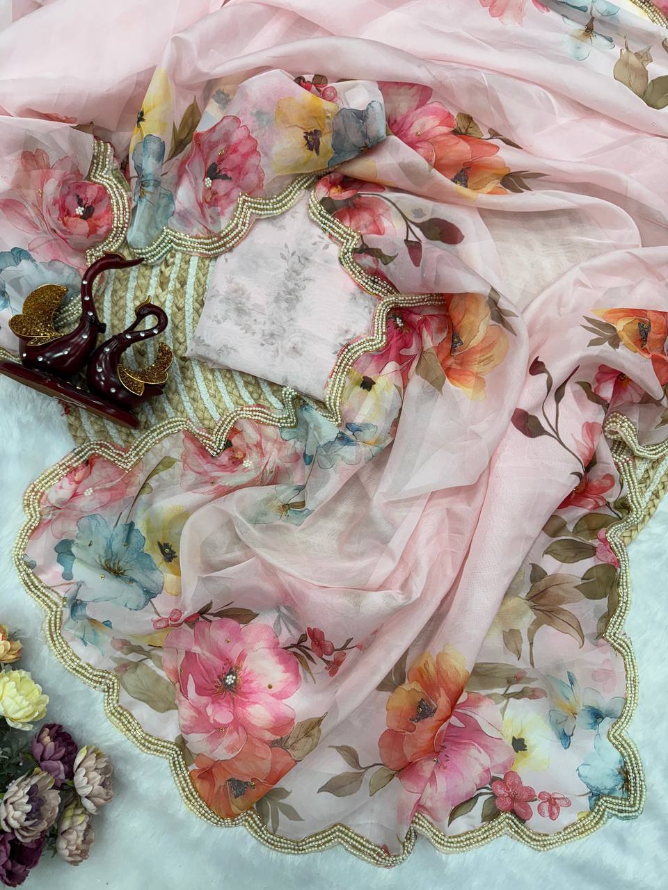 Soft Tebby Silk Floral Print Saree with Beads & Katdana Handwork Blouse