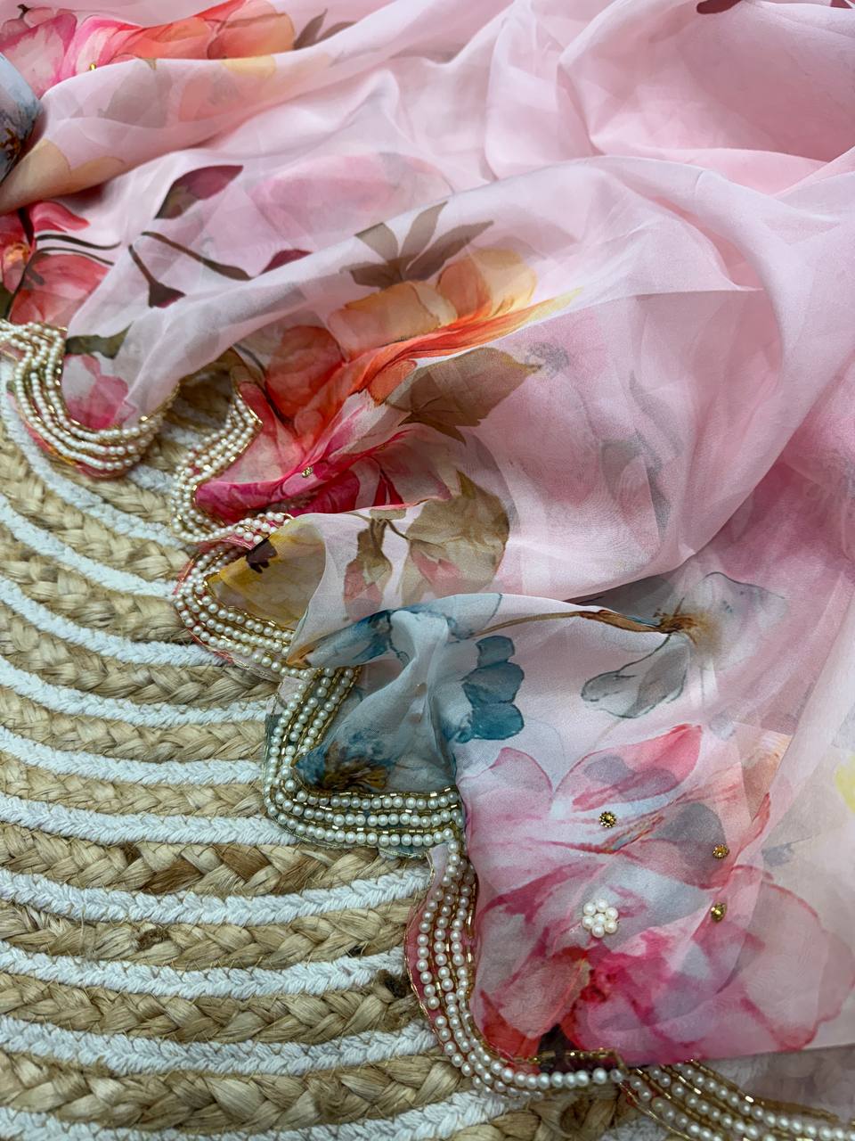 Soft Tebby Silk Floral Print Saree with Beads & Katdana Handwork Blouse