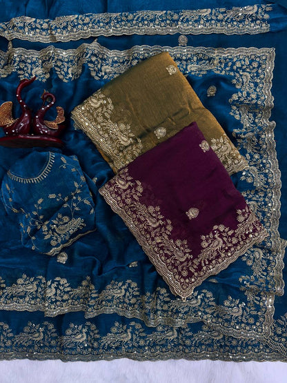 Soft Space Silk Saree Sequins Embroidery and Designer Blouse