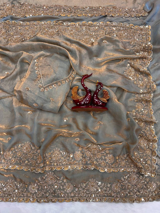 Soft Space Silk Saree with Beads & Sequins Embroidery and Designer Blouse