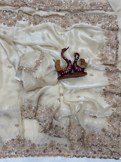 Soft Space Silk Saree with Beads & Sequins Embroidery and Designer Blouse