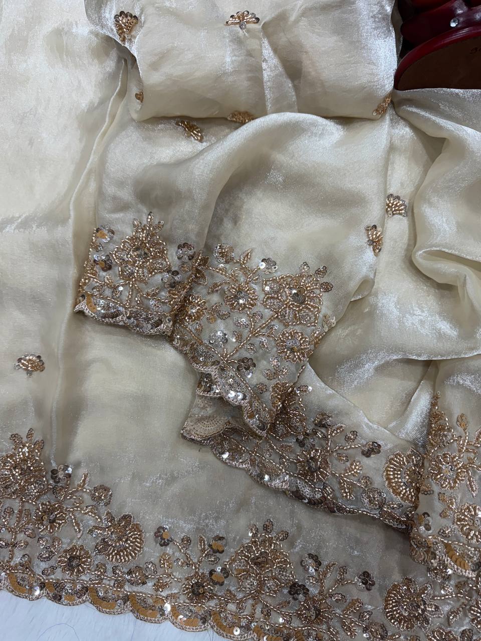 Soft Space Silk Saree with Beads & Sequins Embroidery and Designer Blouse