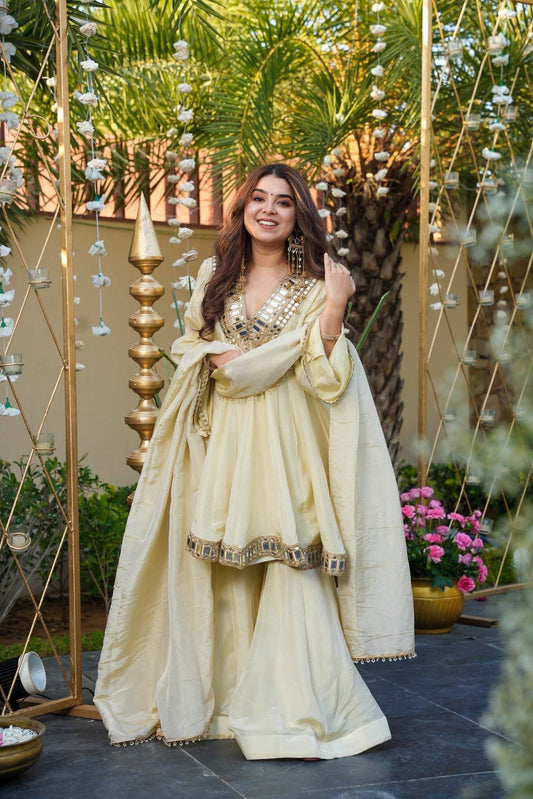 Premium Shimmer Silk Anarkali Suit Set with Embroidery & Real Mirror Work – 4 Meter Flair Top with Bottom & Dupatta for Wedding & Festive Wear