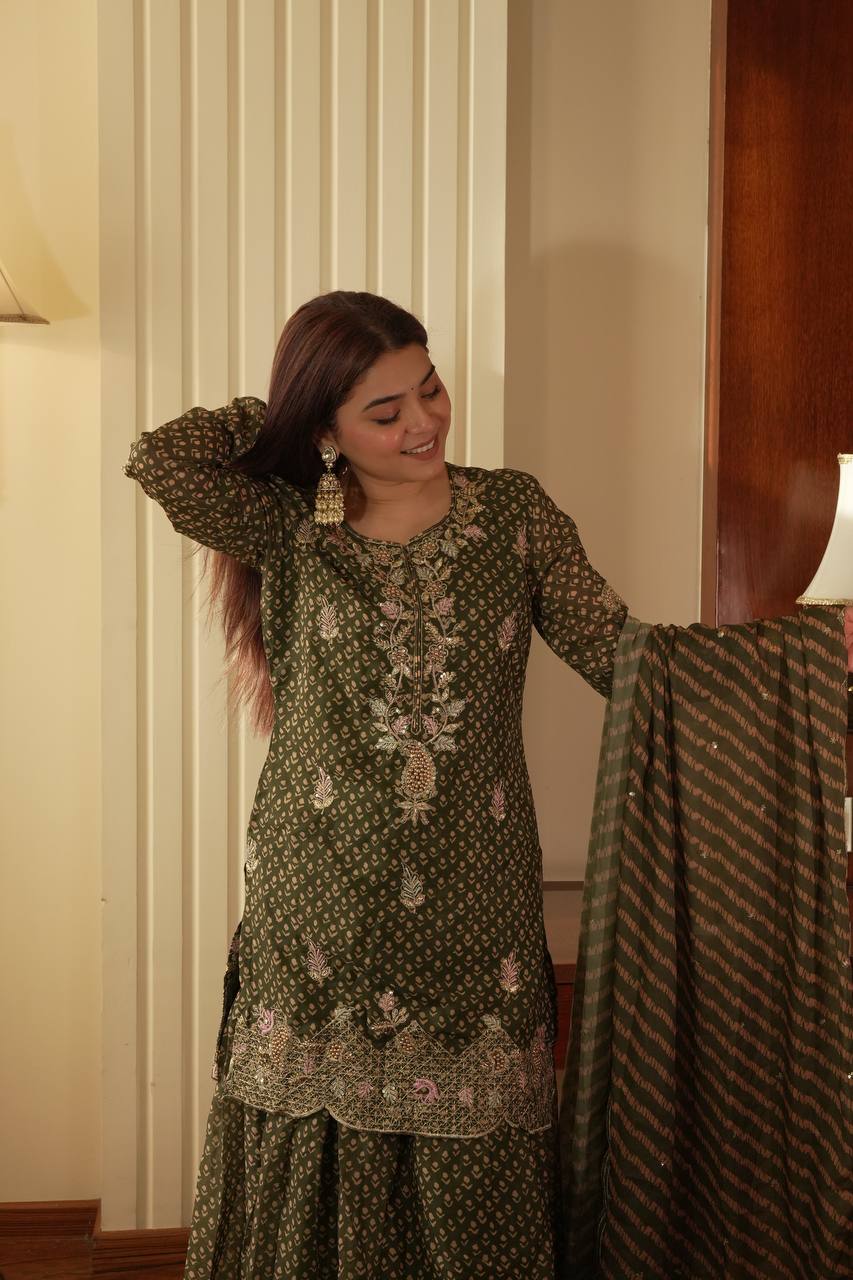 Designer Printed Chinon Kurti Sharara Set with Embroidered Dupatta