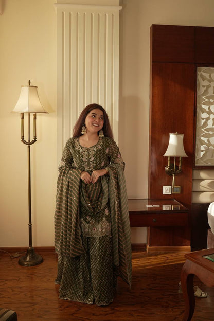 Designer Printed Chinon Kurti Sharara Set with Embroidered Dupatta