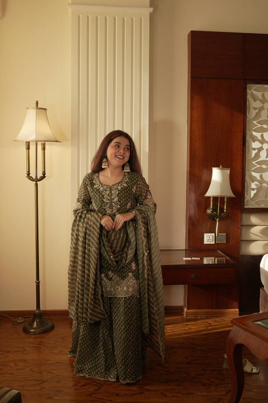 Designer Printed Chinon Kurti Sharara Set with Embroidered Dupatta