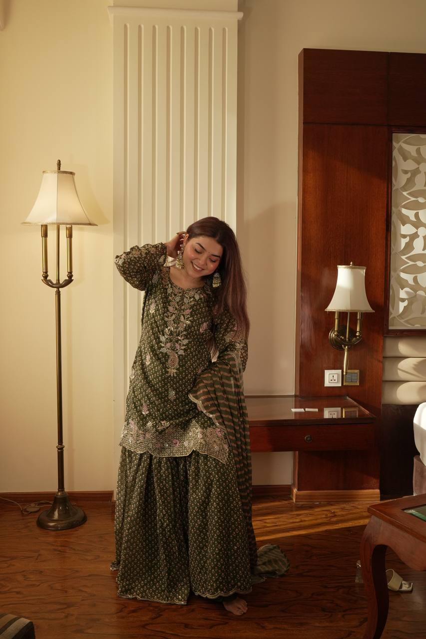Designer Printed Chinon Kurti Sharara Set with Embroidered Dupatta