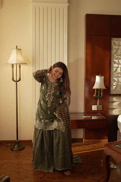 Designer Printed Chinon Kurti Sharara Set with Embroidered Dupatta