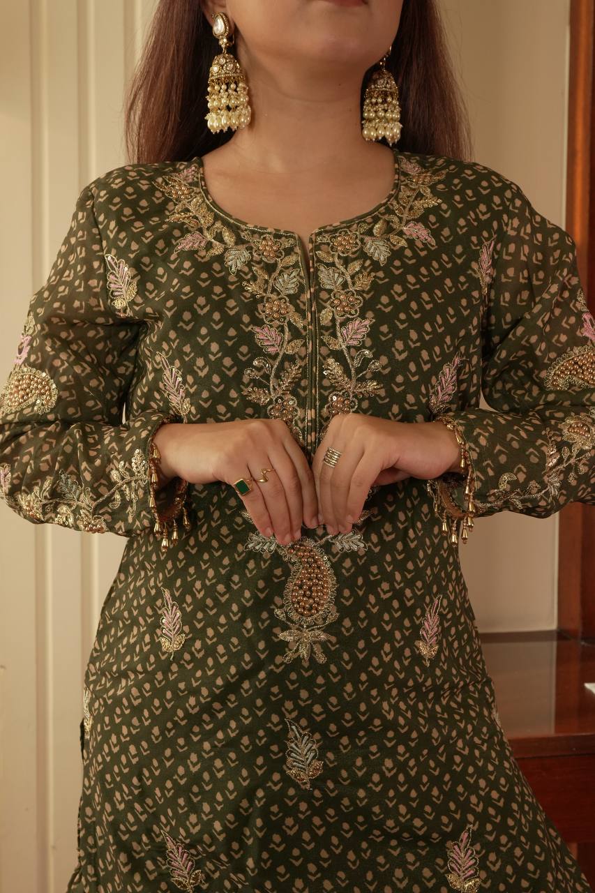Designer Printed Chinon Kurti Sharara Set with Embroidered Dupatta