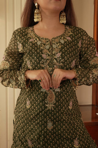 Designer Printed Chinon Kurti Sharara Set with Embroidered Dupatta