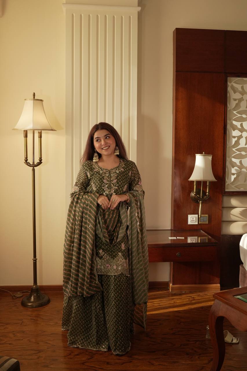 Designer Printed Chinon Kurti Sharara Set with Embroidered Dupatta