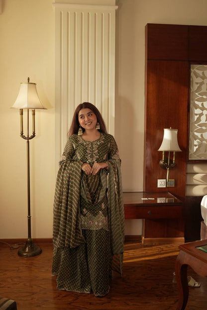 Designer Printed Chinon Kurti Sharara Set with Embroidered Dupatta
