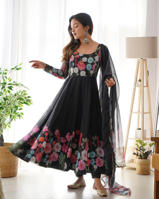 Women’s Pure Soft Organza Silk Anarkali Suit Set with Badla Zari Handwork | Floral Printed 4 Meter Flair Festive & Wedding Wear Dress