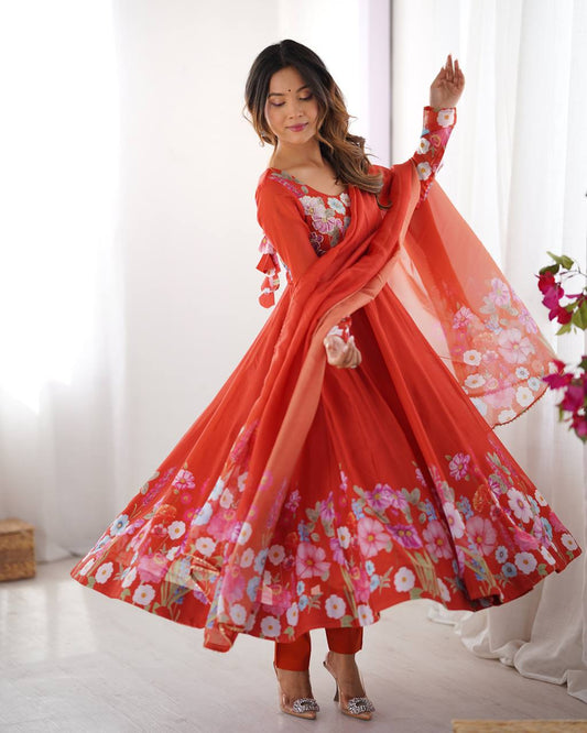 Women’s Pure Soft Organza Silk Anarkali Suit Set with Badla Zari Handwork | Floral Printed 4 Meter Flair Festive & Wedding Wear Dress