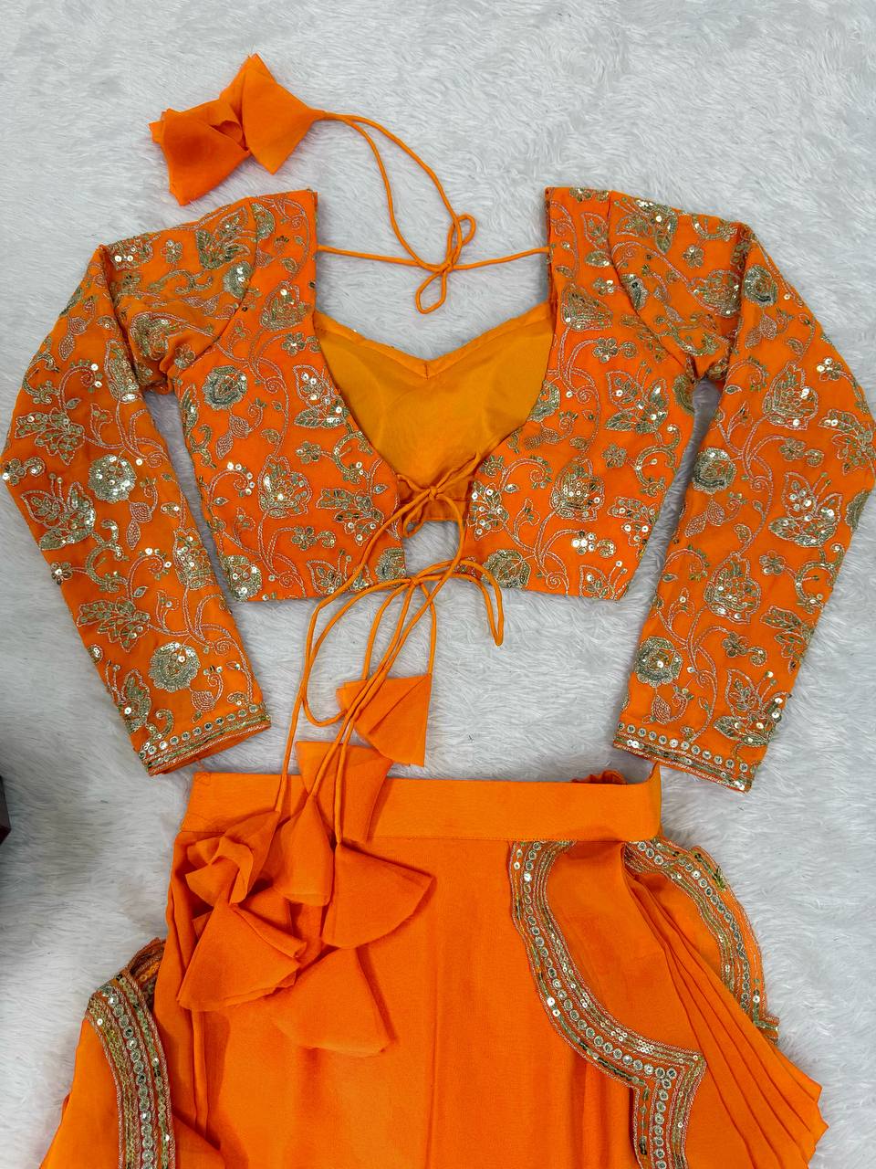 Elegant Faux Georgette Ruffle Saree with Thread & Sequin Embroidery