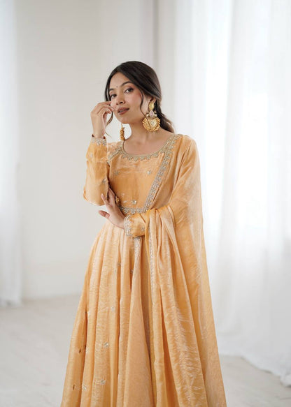 Designer Fandy Silk Embroidered Gown Set with Pant & Dupatta