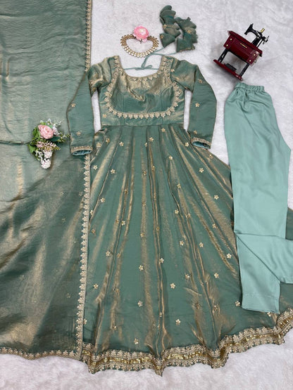 Designer Fandy Silk Embroidered Gown Set with Pant & Dupatta