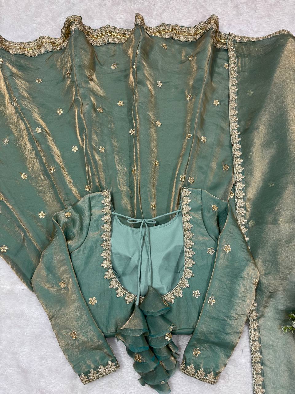 Designer Fandy Silk Embroidered Gown Set with Pant & Dupatta